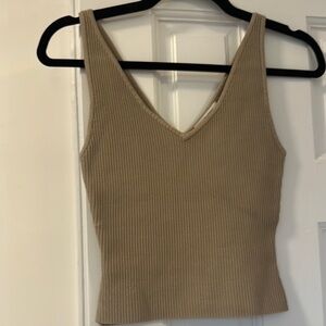 Ribbed Tan V-Neck Women's Top